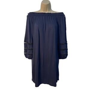 Crown & Ivy Off Shoulder 3/4 Sleeve Mini Dress Elastic‎ Cuffs Navy Blue Size XS